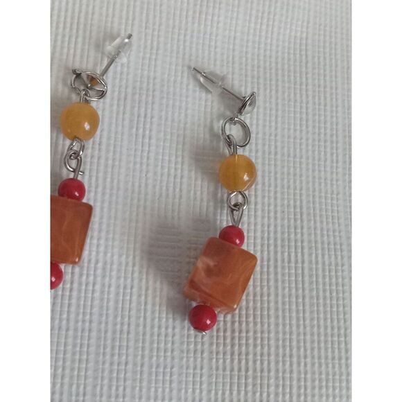 Red Round and Orange Cube Beaded Post Backs Dangle Style Lightweight Earrings - Picture 9 of 11